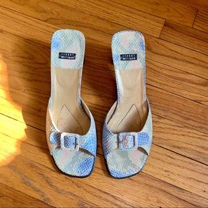 Stuart Weitzman iridescent pastel snakeprint mules